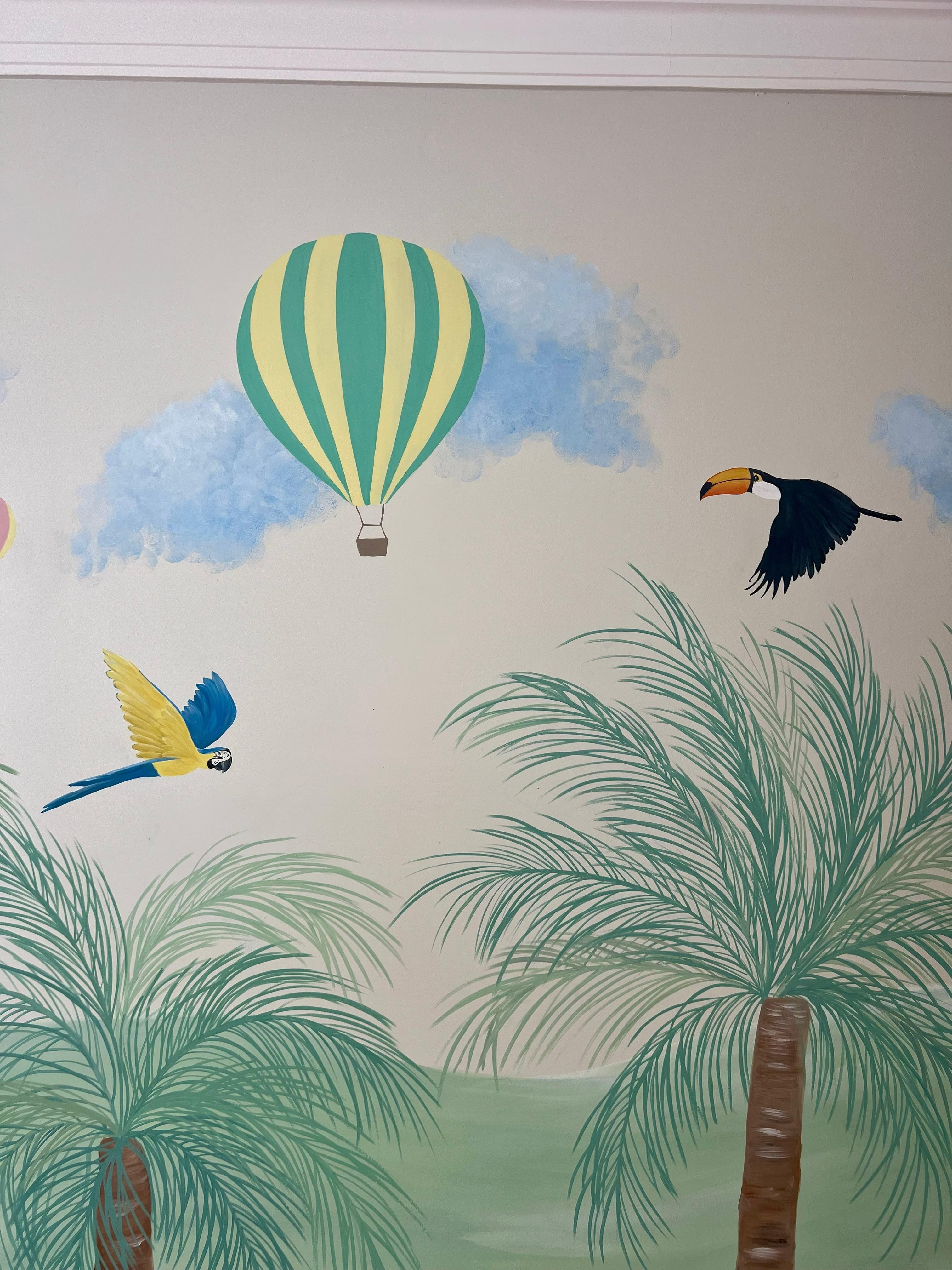 Detail of birds, a hot-air balloon and palm leaves